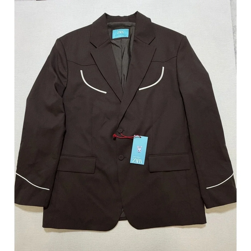 NWT ZARA X Harry Lambert Brown Contrast Suit Jacket Size US 44 EUR 54 Wool